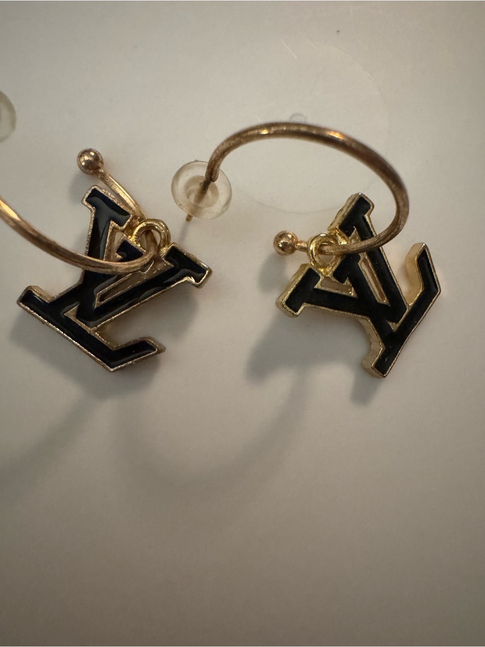 Gold and Black LV Logo Hoop Earrings